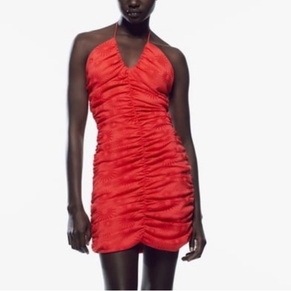 Zara Dresses & Skirts - Zara Red Flower Jacquard Draped Ruched Dress Sz S